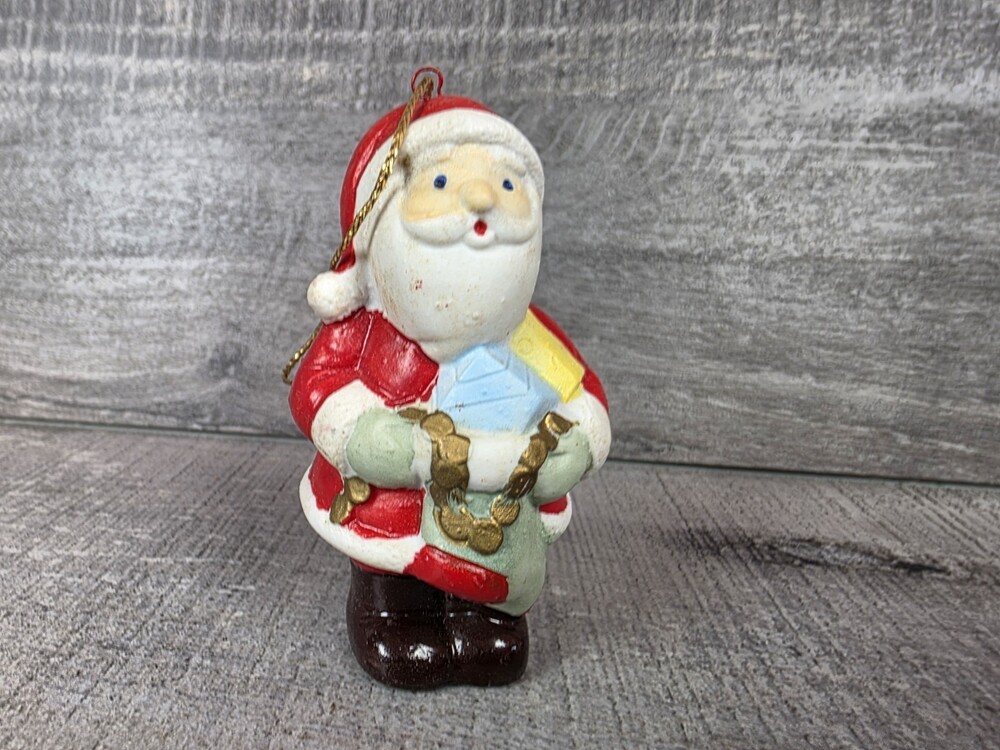 Santa Claus Ornament 2.5" Figure w Presents Hand Painted Ceramic Christmas g71a3